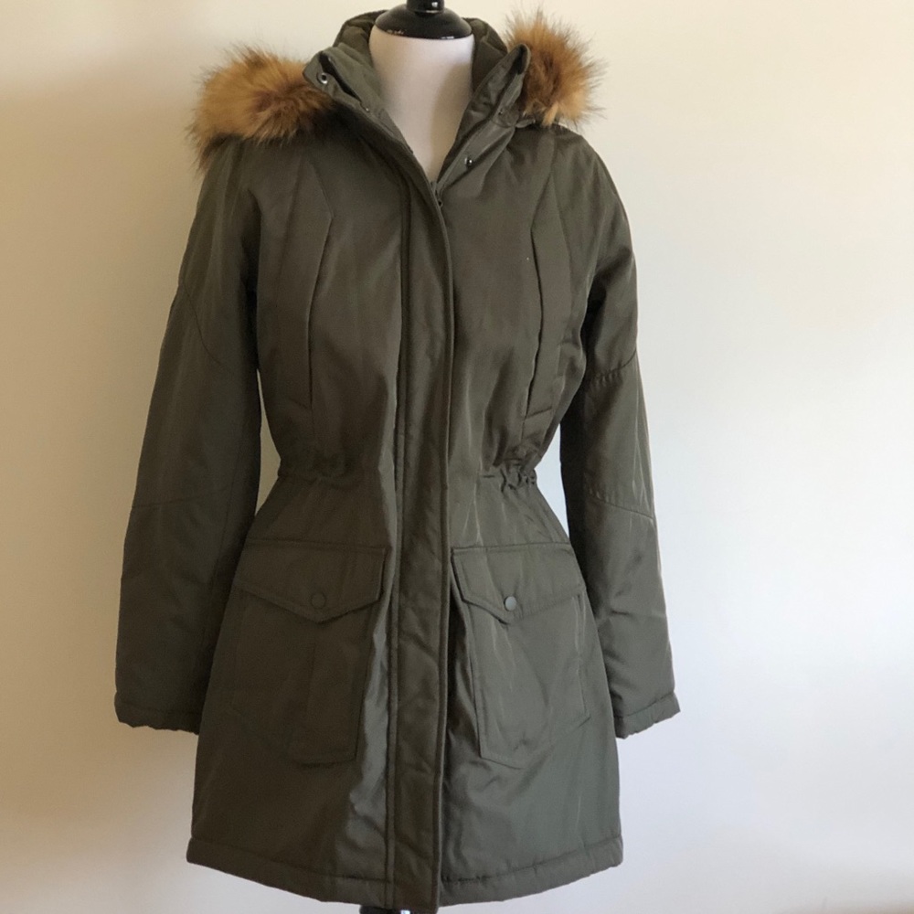A New Day Olive Green Coat w/ Fur-trimmed Hood